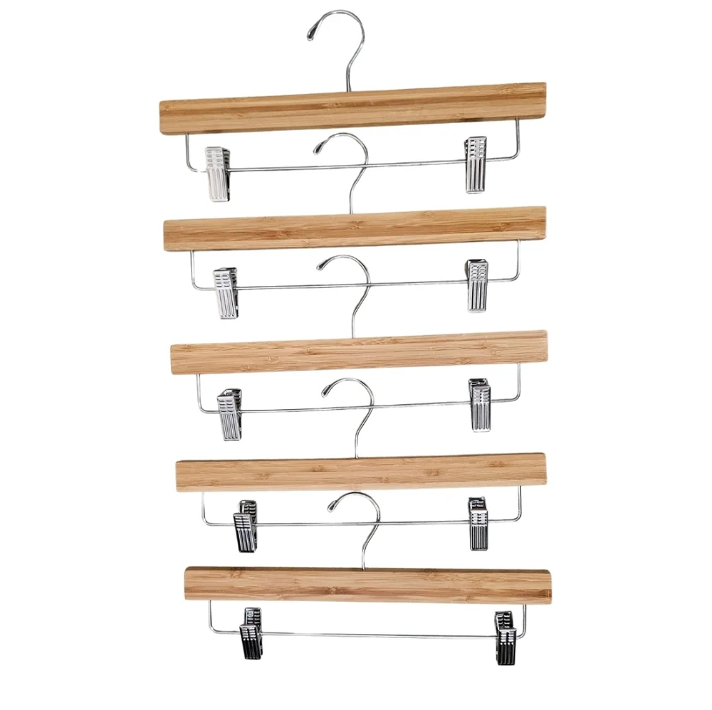 5 Piece Bamboo Hardwood Adjustable Chrome Sleek Clip Pant Hangers Swivel Hook